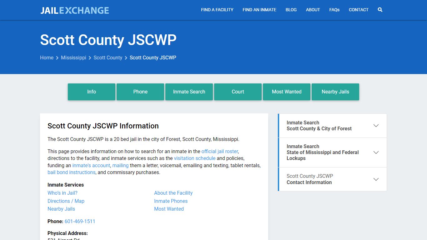 Scott County JSCWP, MS Inmate Search, Information - Jail Exchange